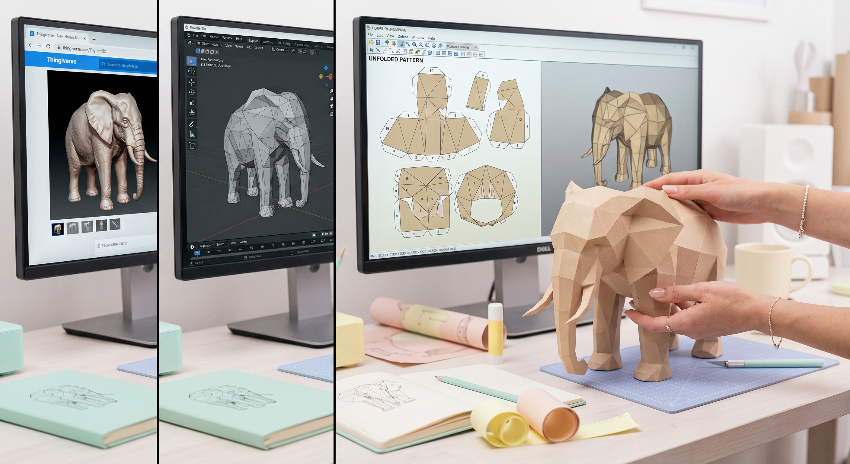 As três etapas do processo lado a lado: modelo 3D encontrado no Thingiverse, o mesmo modelo simplificado no Blender, e a planificação no Pepakura ao lado do elefante já montado em papel